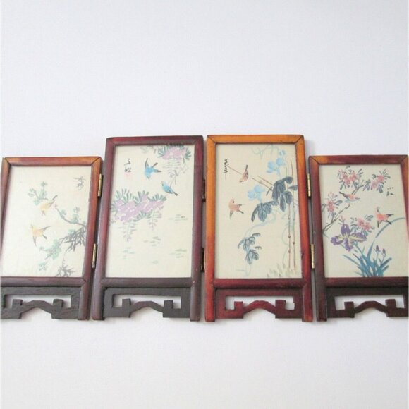 Vintage Miniature Chinese Four Panel Screen Dual Sided Hand Painted Signed 6.5" - Picture 3 of 13